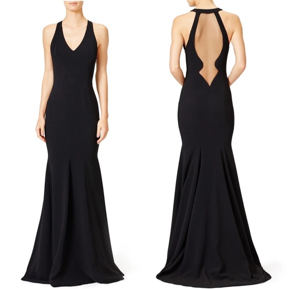 Theia Dresses & Skirts - Theia Black Matte Maxi Dress V Neckline Back Mesh Open Back High Neck Size 6